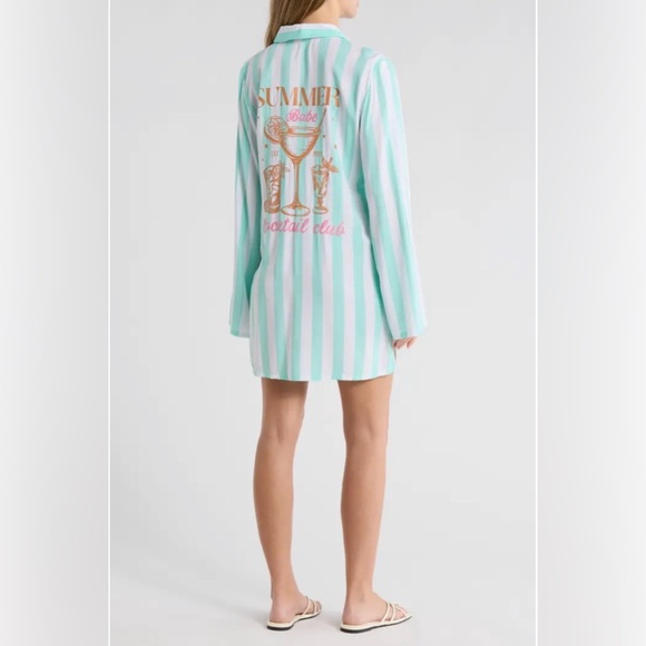 Betsey Johnson Striped Beach Cover-Up Shirt, Seafoam - Picture 10 of 12